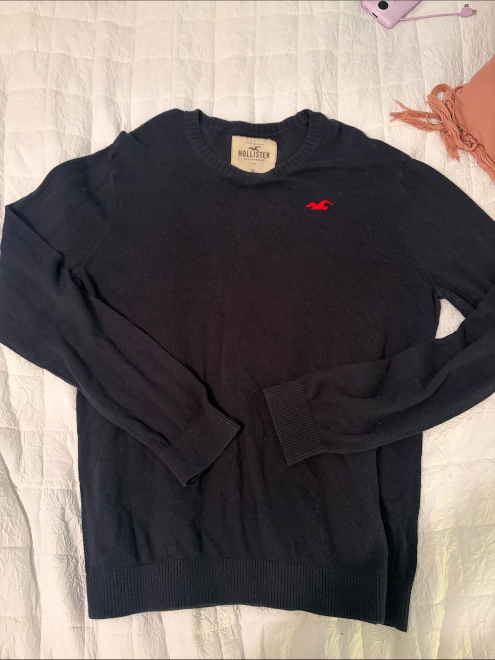 Hollister Black Crewneck Sweater with Red Logo size XL